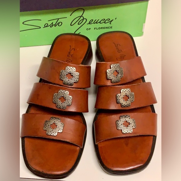 Women's 7 M SESTO MEUCCI Florence Italian Brown Leather Metal Hardware Sandals - Picture 2 of 16